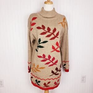 Vintage Basic Editions Leaf Print Turtle Neck Sweater Tunic Size 18W